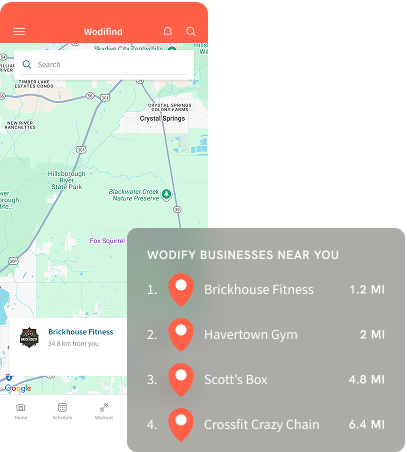 Mobile map app with search bar and a gray “businesses near you” list overlay showing fitness locations.
