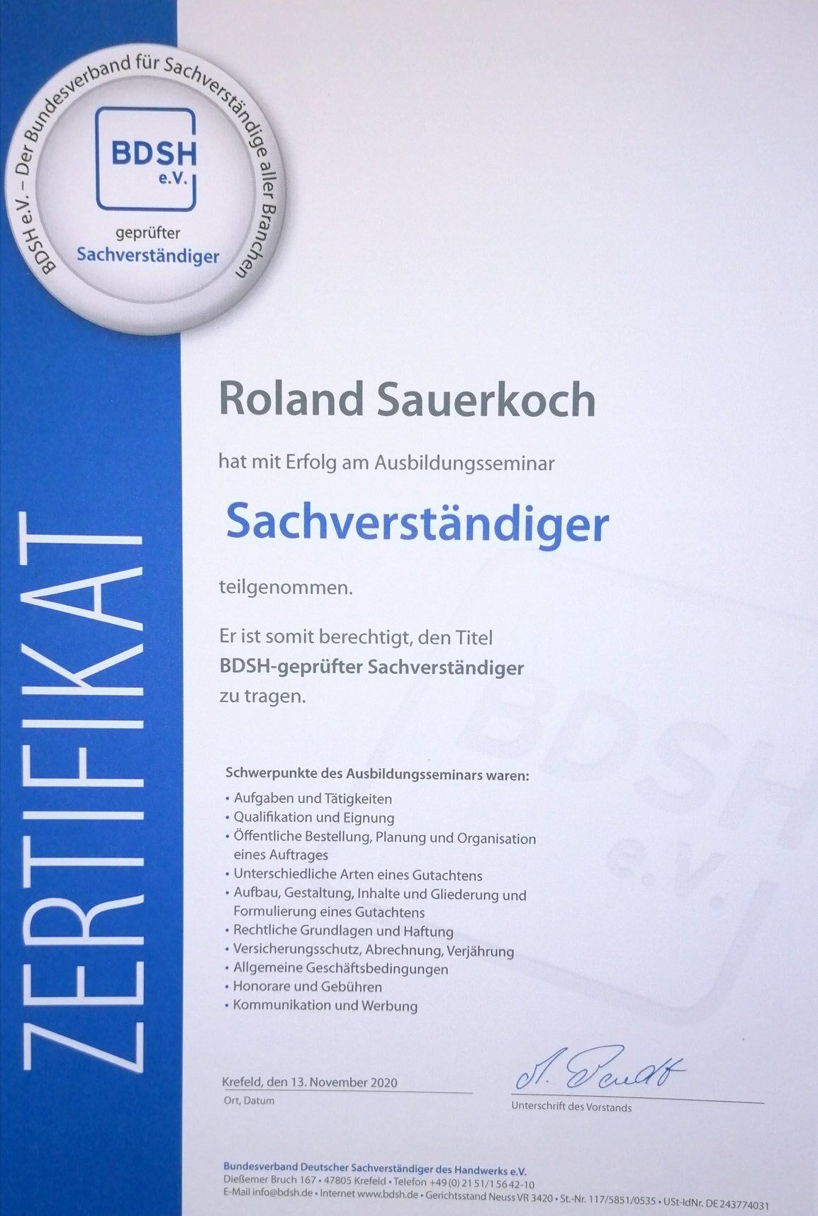 Zertifikat von Roland Sauerkoch - geprüfter Sachverständiger