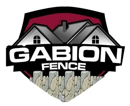 Logo for Gabion Fence featuring a house, fence, and text on a shield.