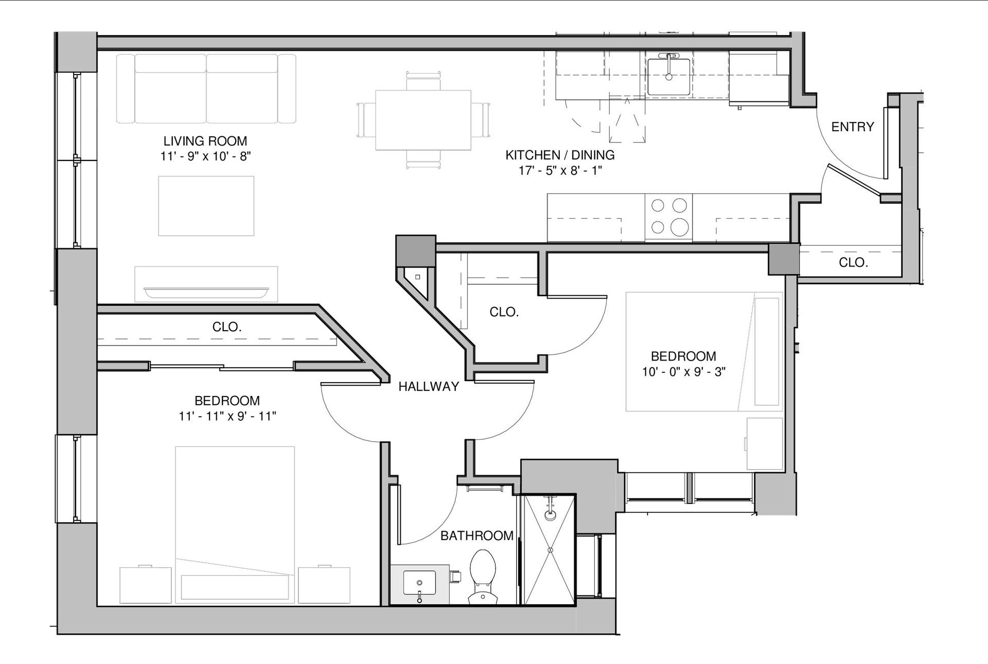 Floor plan of an apartment with kitchen/dining, living room, bedroom, and bathroom.