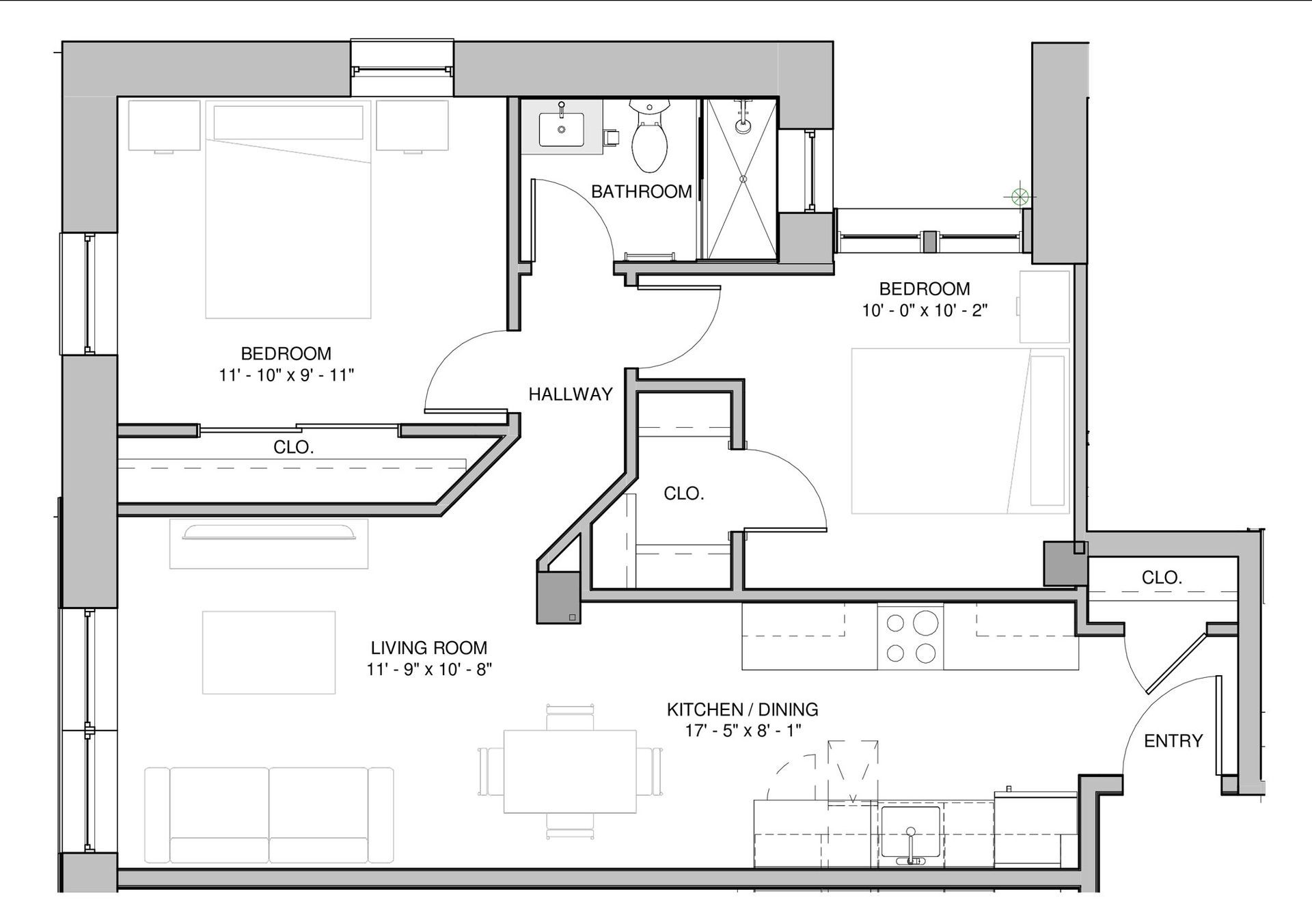 Floor plan of an apartment with kitchen/dining, living room, bedroom, and bathroom.