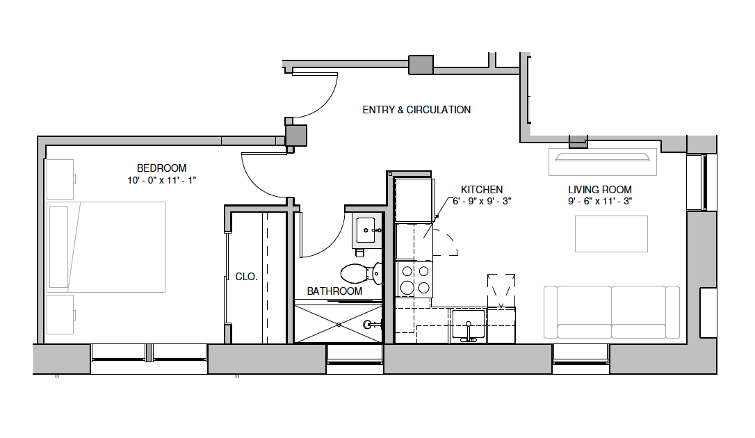 Floor plan of an apartment with kitchen/dining, living room, bedroom, and bathroom.