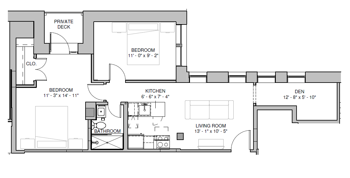 Floor plan of an apartment with kitchen/dining, living room, bedroom, and bathroom.