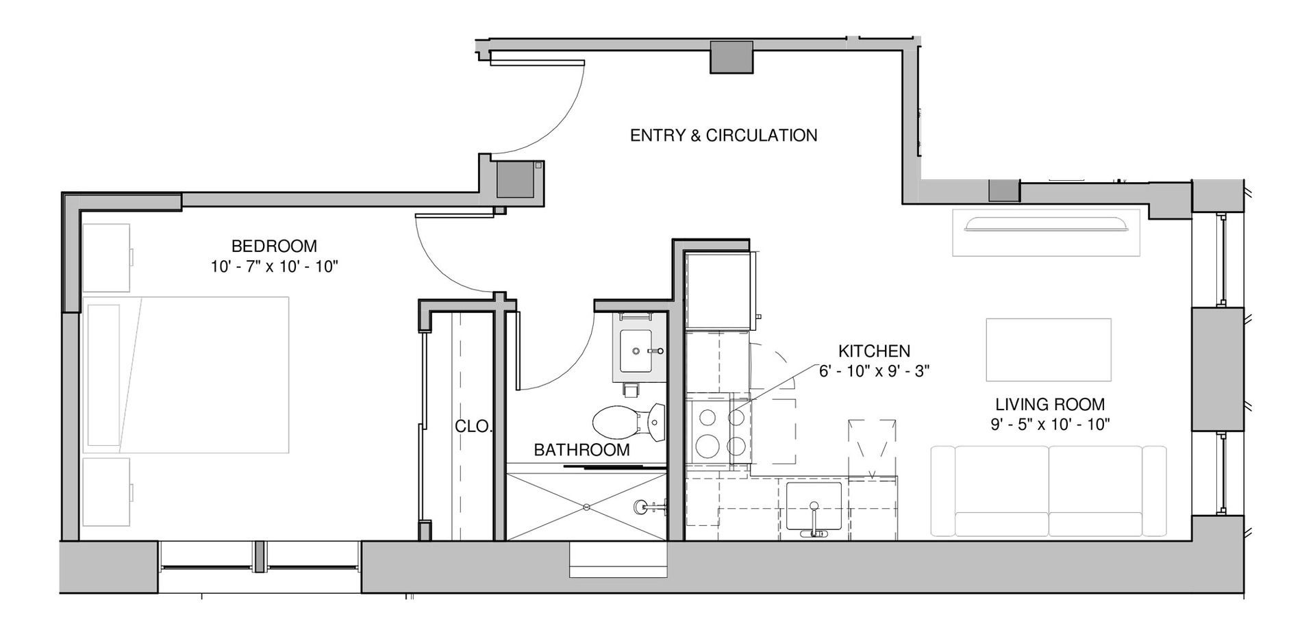 Floor plan of an apartment with kitchen/dining, living room, bedroom, and bathroom.