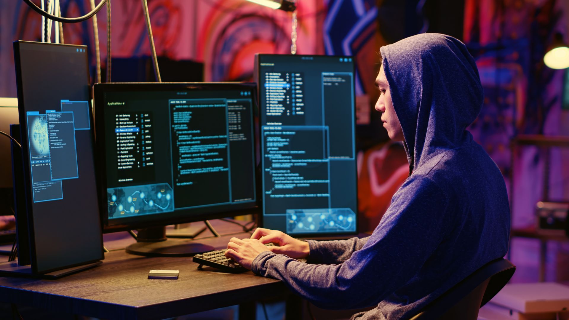 A person in a hoody types on a keyboard, working on multiple computer screens in a dimly lit room.