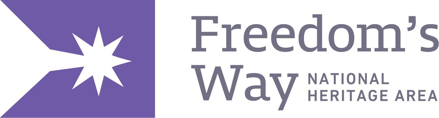 Logo for Freedom's Way National Heritage Area: purple flag with a white burst, and text 