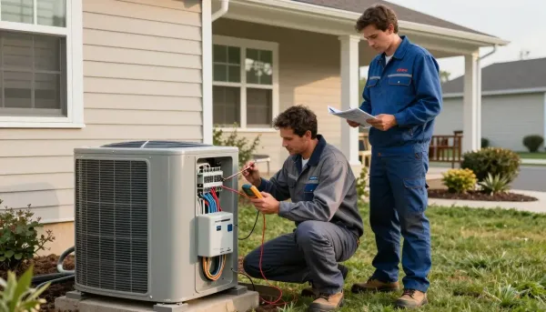 Two technicians inspecting an air conditioning unit outdoors. One kneels, using a tool; the other holds paperwork.