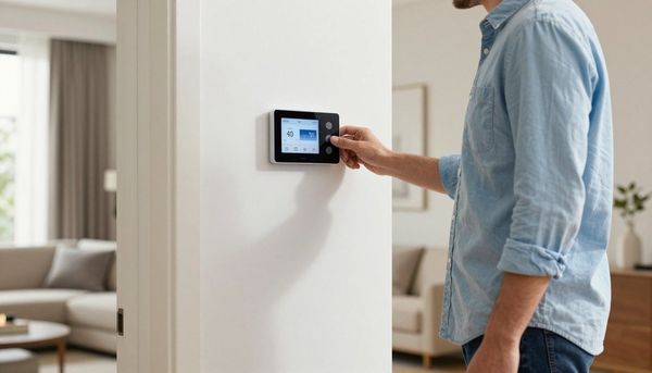 Man adjusting a digital thermostat on a white wall in a living room.