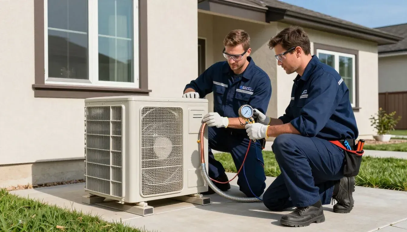 Two HVAC technicians in blue uniforms inspect an outdoor AC unit.