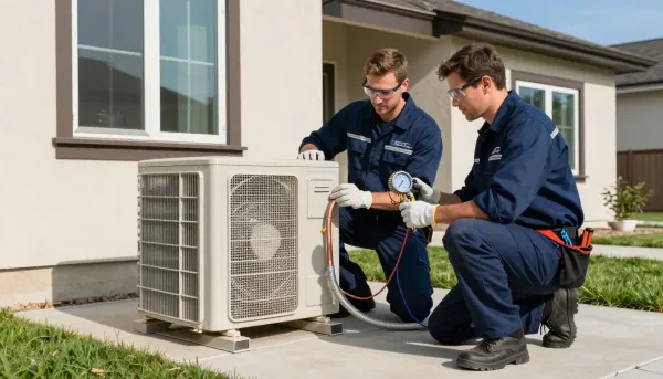 Two HVAC technicians in blue uniforms inspect an outdoor AC unit.