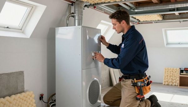 Man in work clothes kneels, installing a white HVAC unit in a room with skylights.
