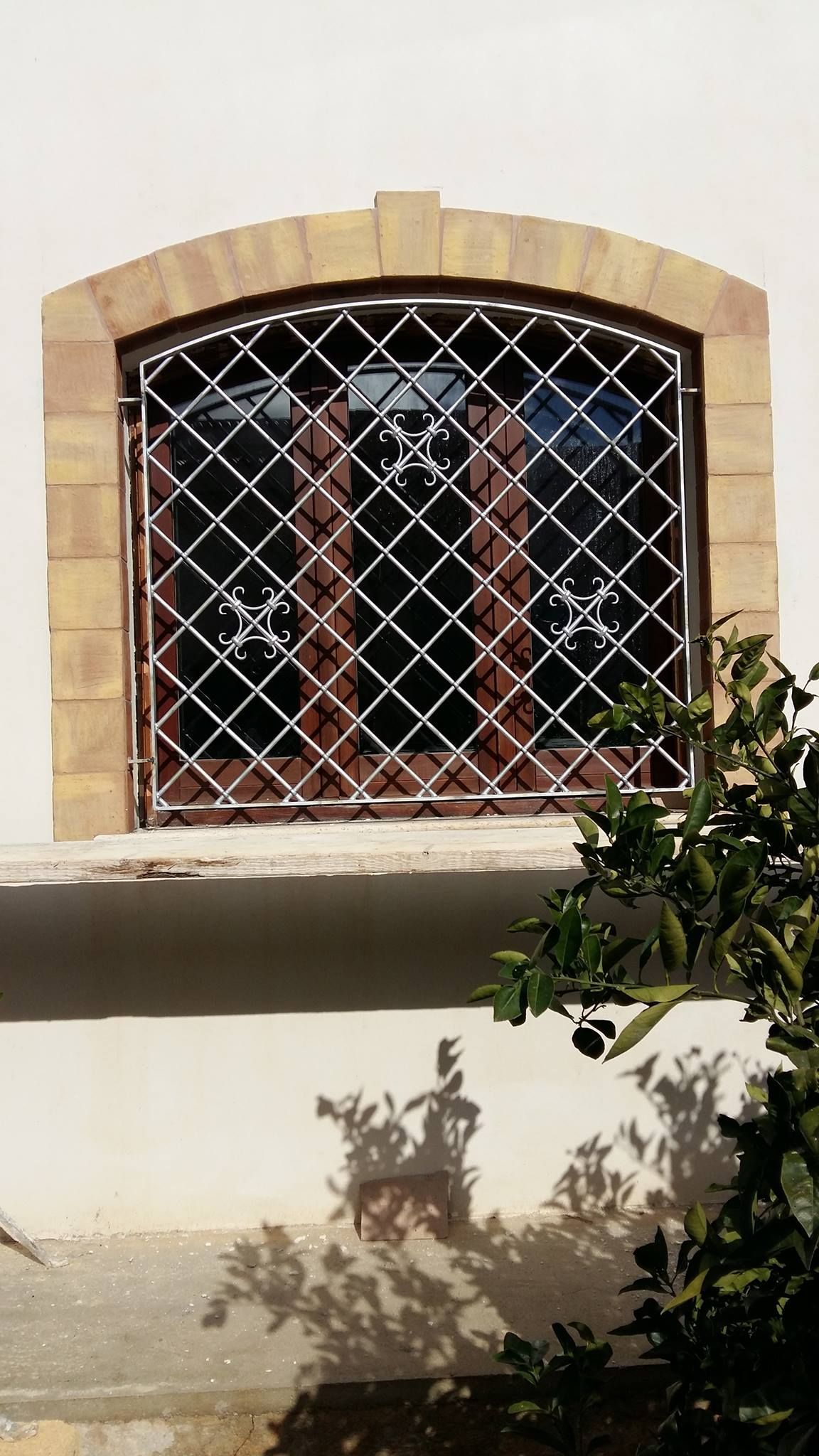 Una finestra con una recinzione intorno e un albero sullo sfondo
