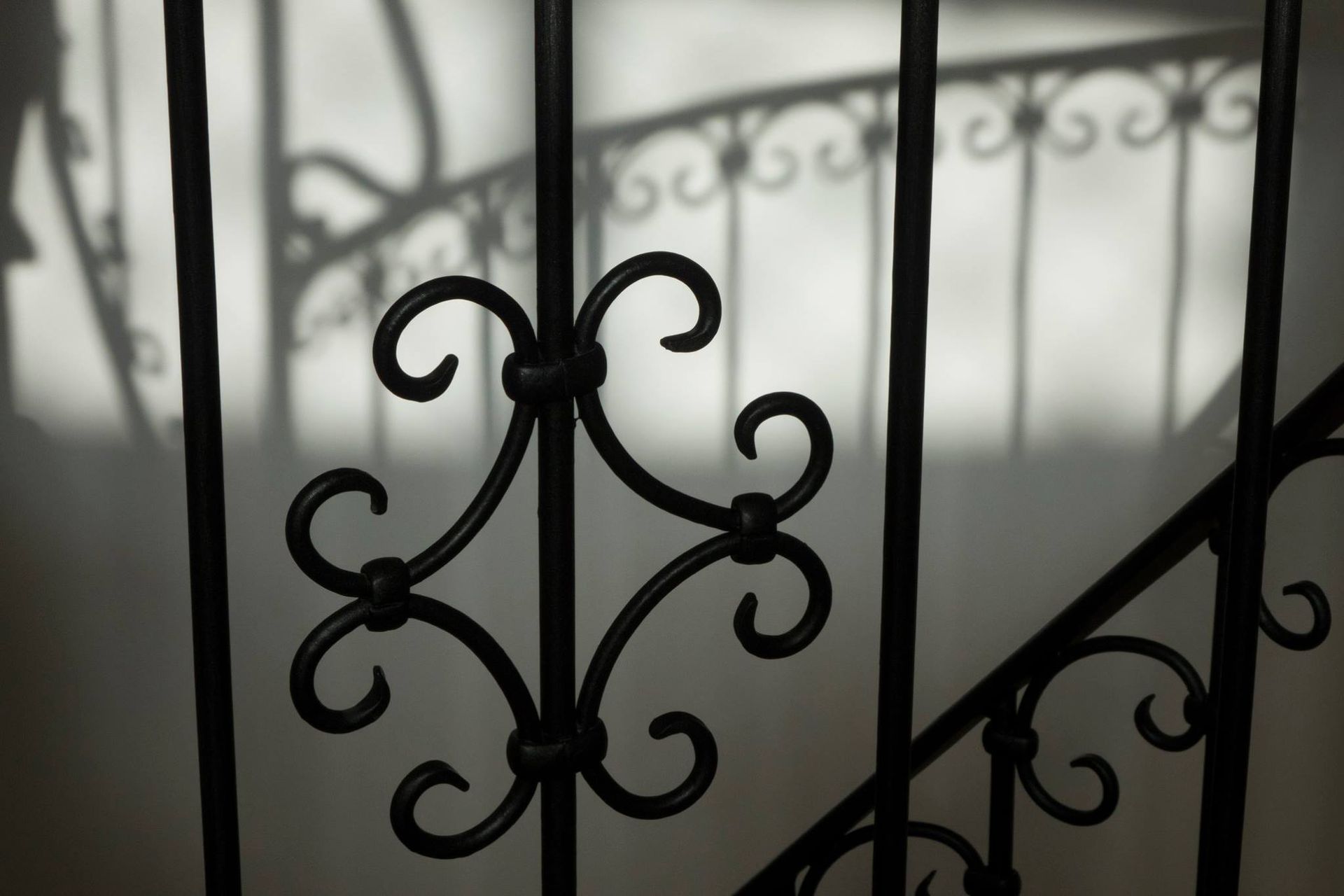 Una foto in bianco e nero di una ringhiera in ferro battuto con un'ombra sul muro