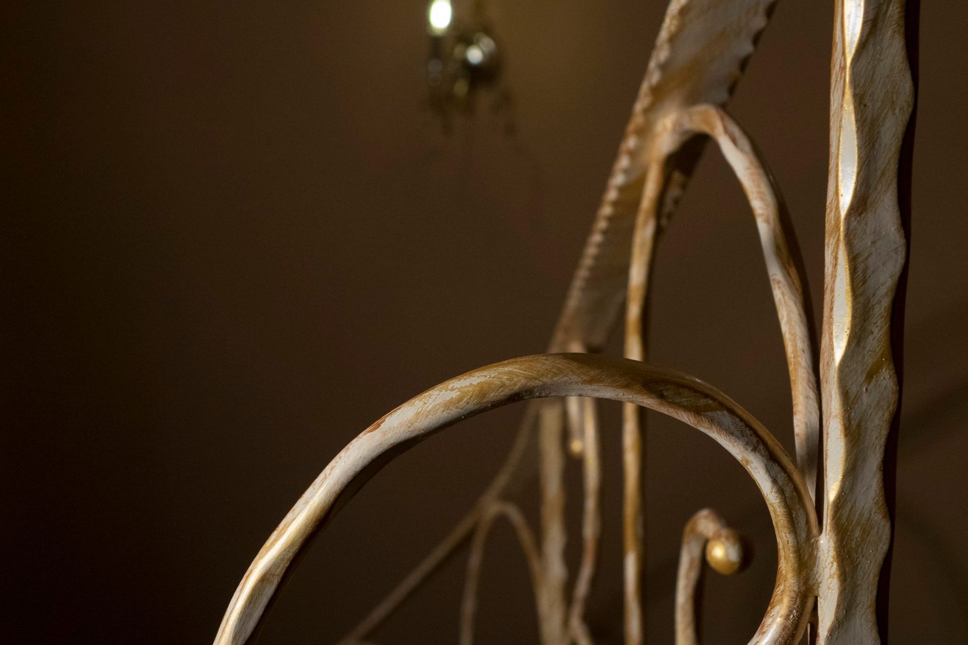 Primo piano di una ringhiera in ferro battuto con un lampadario sullo sfondo.