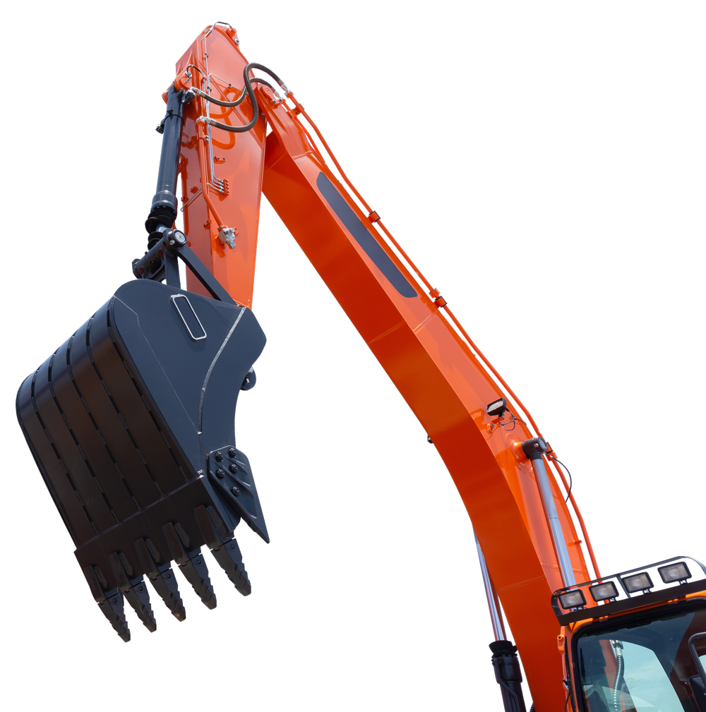 A large orange excavator with a large black bucket on top of it