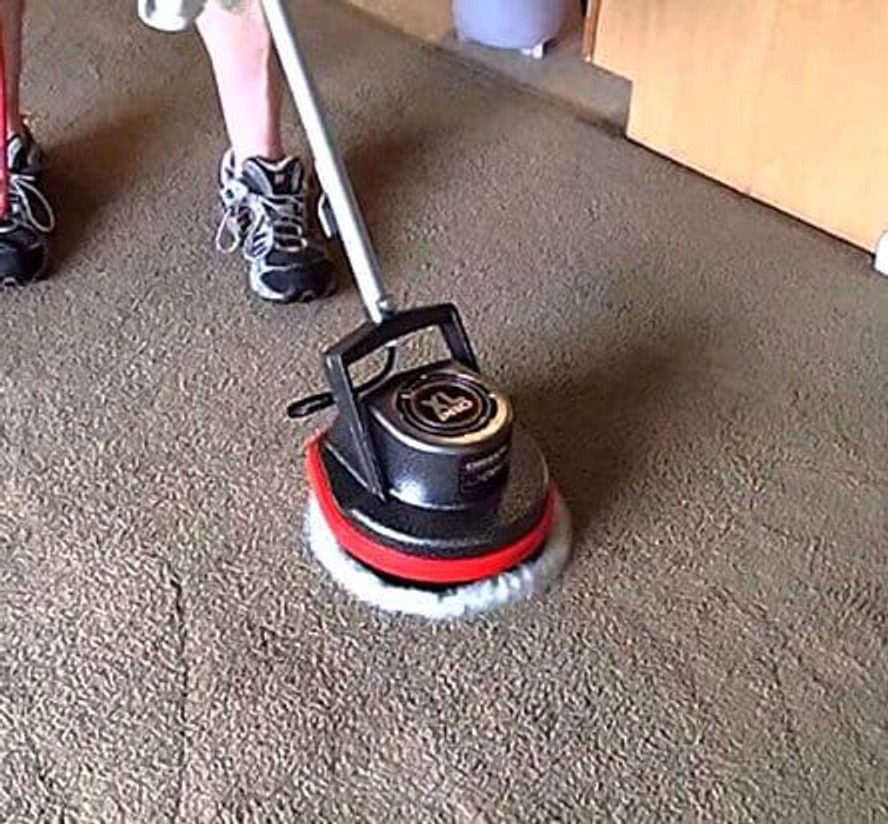 A person is using a mop to clean a carpet