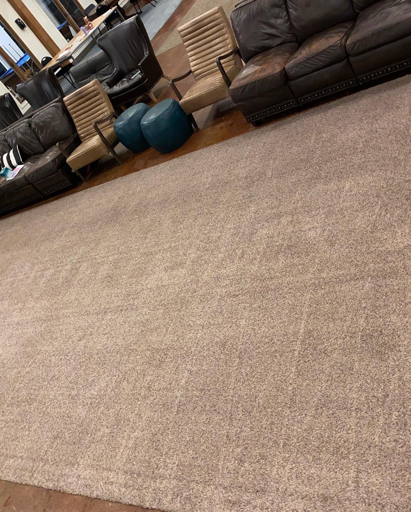 A living room filled with furniture and a large rug.