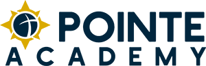 The pointe academy logo is blue and yellow and has a sun on it.
