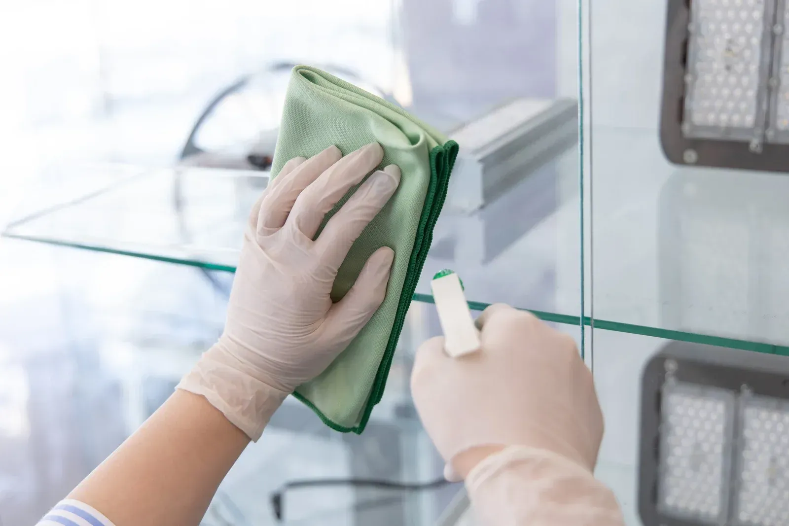 A person wearing gloves is cleaning a glass shelf with a cloth.