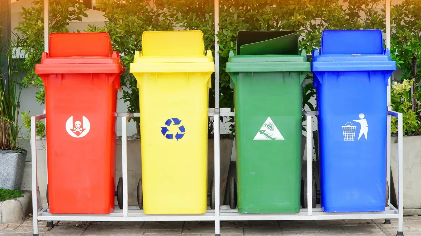 Four trash cans of different colors are lined up on a rack.