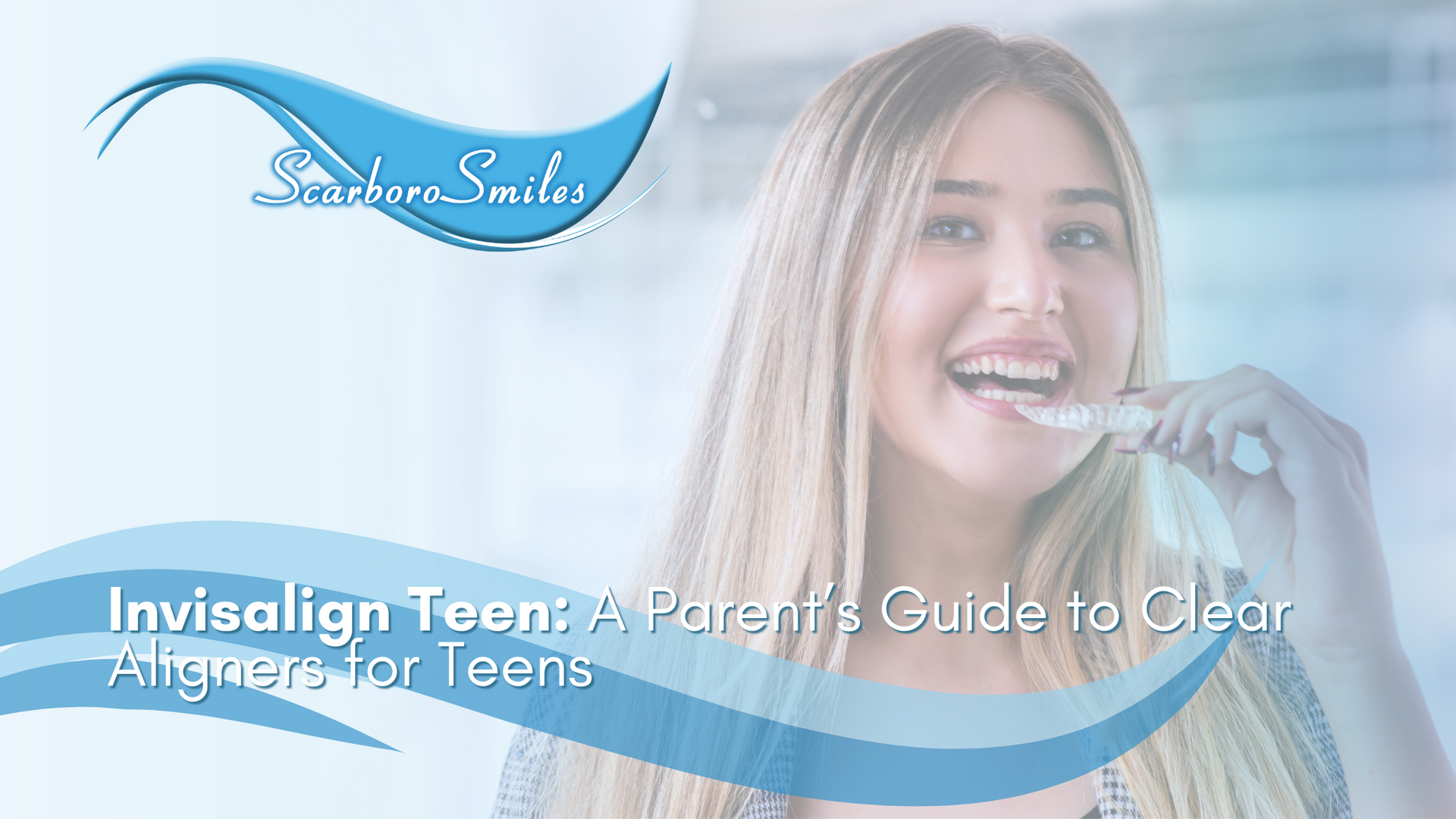 A young woman is brushing her teeth with an invisalign device.