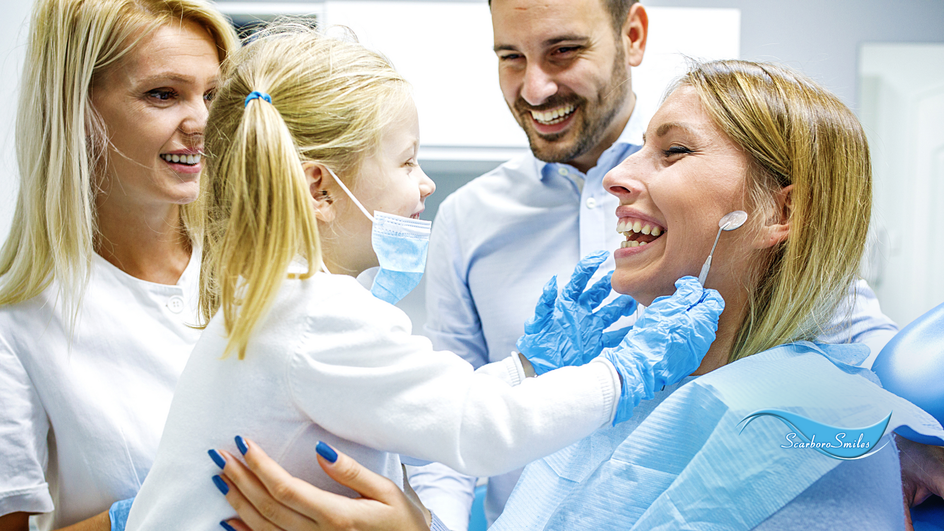 A family is having their teeth examined by a dentist in a dental office.