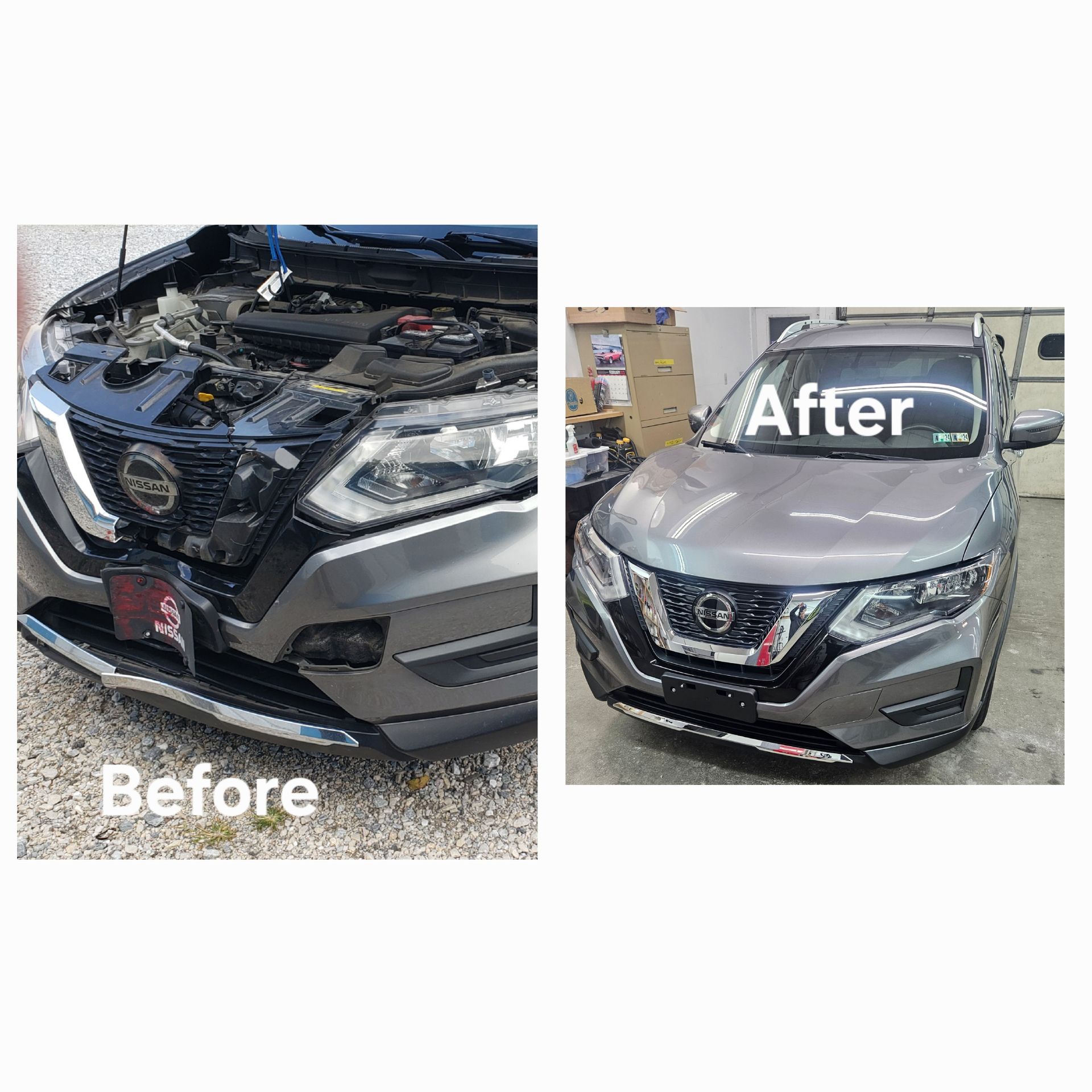 A before and after picture of a nissan rogue.