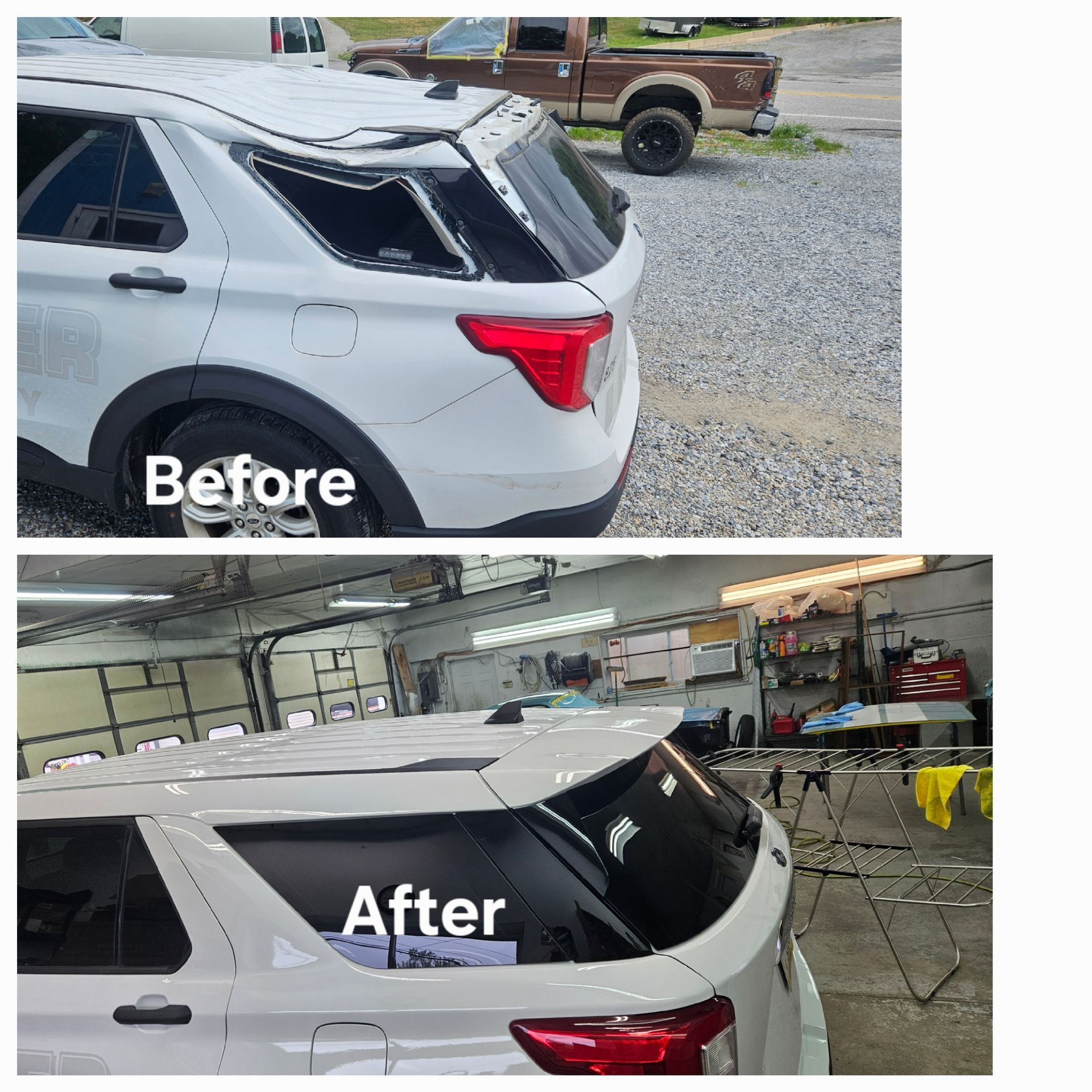 A before and after photo of a white suv