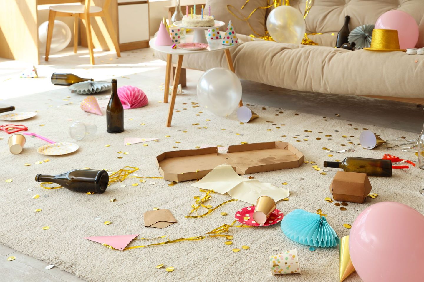 A messy living room after a party with balloons , plates , bottles and confetti on the floor.