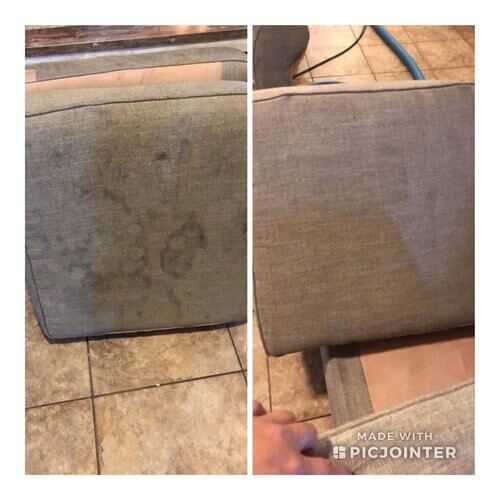 A before and after picture of a couch being cleaned.