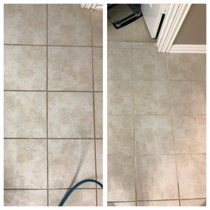 A before and after photo of a tile floor.