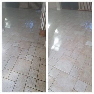 A before and after photo of a tile floor in a living room.
