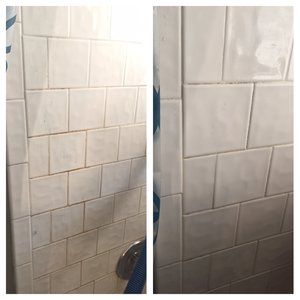 A before and after picture of a shower tile wall.