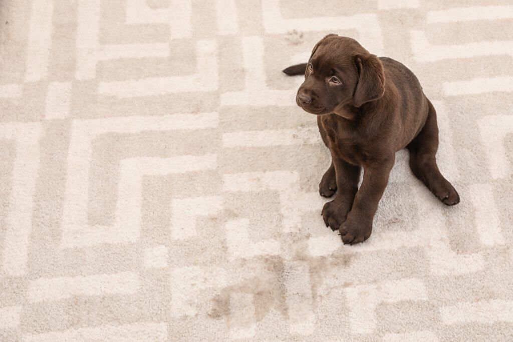 A brown puppy is sitting on a dirty carpet.