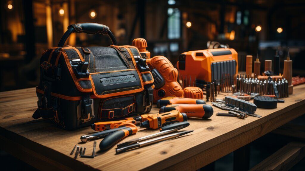 A tool bag filled with tools is sitting on a wooden table.