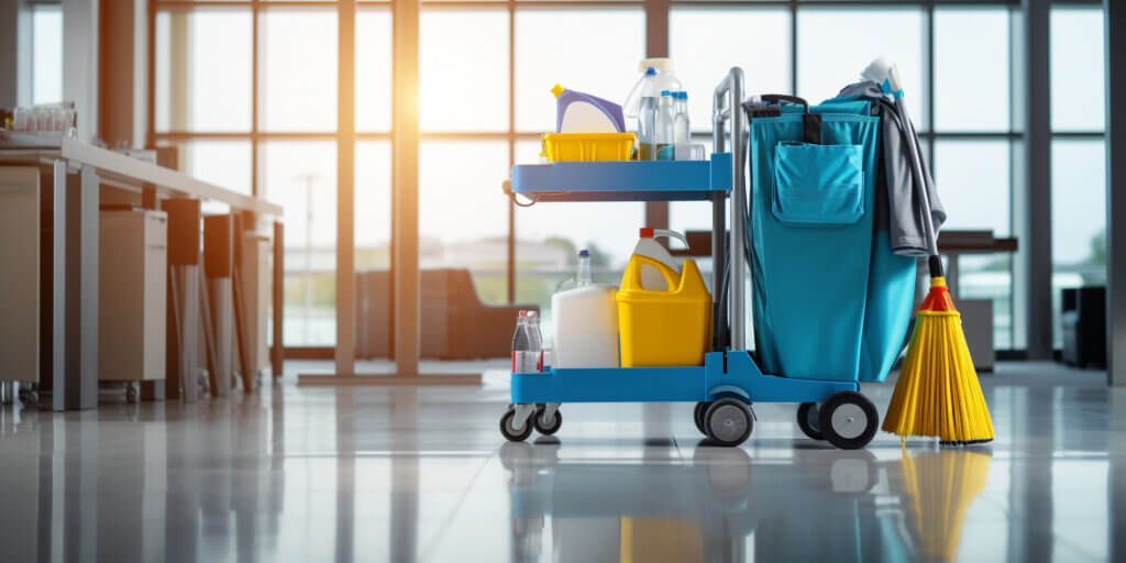 A cleaning cart with cleaning supplies and a mop in an office.