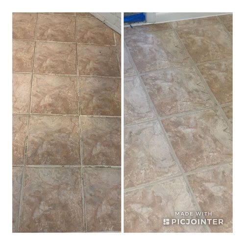 A before and after picture of a tile floor.