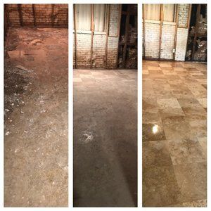 A before and after photo of a basement floor.
