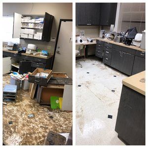 A before and after photo of a messy office.