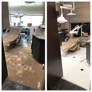 A before and after photo of a dental office with a flooded floor.