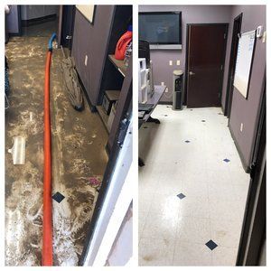 A before and after photo of a hallway in a building.