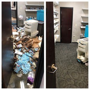 A before and after picture of a messy office.