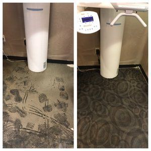 A before and after photo of a dirty carpet and a clean carpet.