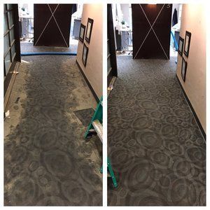 A before and after photo of a hallway carpet being cleaned.