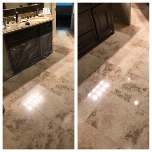 A before and after photo of a tile floor in a bathroom.