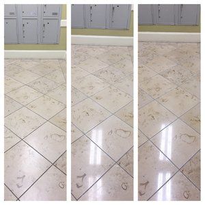 A collage of three pictures of a tiled floor with lockers in the background.