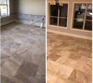A before and after photo of a marble floor in a living room.