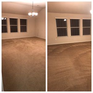 A before and after picture of a living room with a carpet and windows.