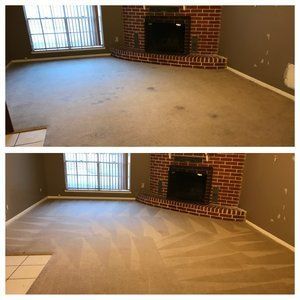 A before and after photo of a living room with a fireplace.