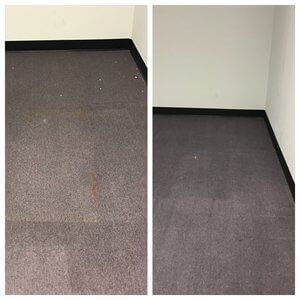 A before and after photo of a carpeted floor in a room.